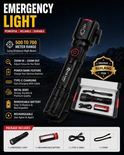 RUILANG RL-2210 Emergency Tactical Flashlight – Rechargeable LED Torch with Power Bank, Seatbelt Cutter & Glass Breaker | Long Range Zoom Light