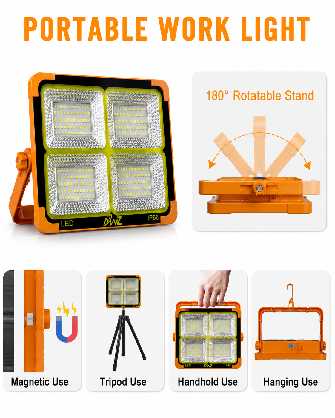 Rechargeable Work Light, 466 LED Outdoor Camping Lights 200W Portable Floodlight with Solar Panel, 5 Modes IP66 Waterproof, for Fishing, Hiking, Repairing