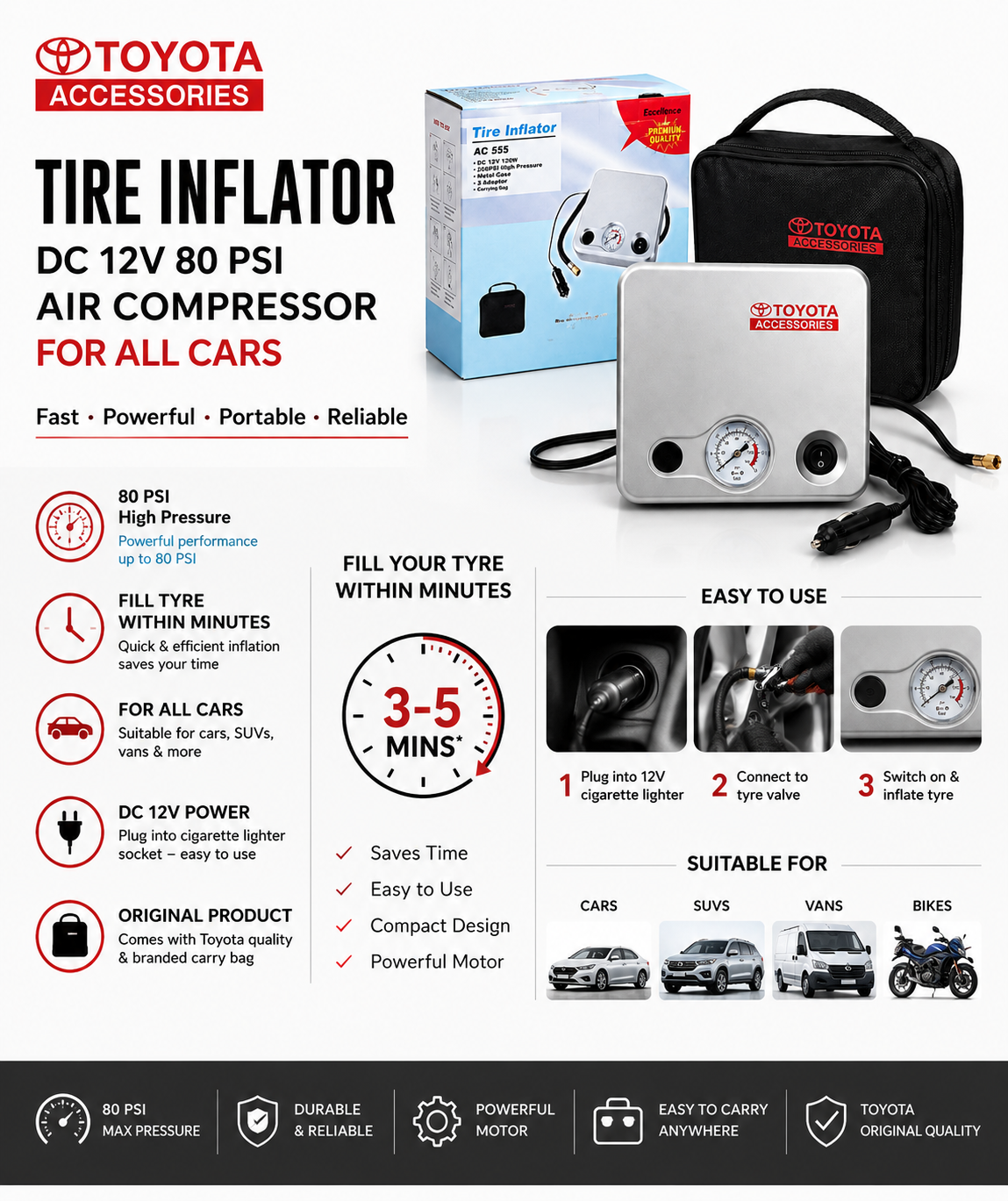 Toyota 12V Tire Inflator 80 PSI – Fast Portable Air Compressor Pump for Cars, SUVs & Emergency Roadside Use