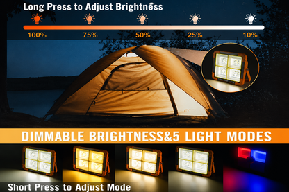 Rechargeable Work Light, 466 LED Outdoor Camping Lights 200W Portable Floodlight with Solar Panel, 5 Modes IP66 Waterproof, for Fishing, Hiking, Repairing