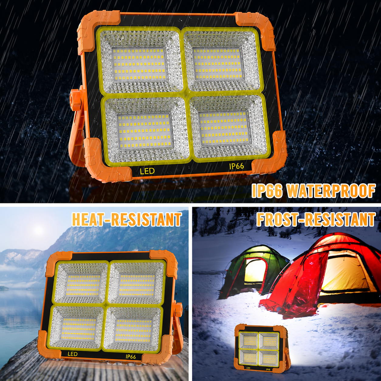 Rechargeable Work Light, 466 LED Outdoor Camping Lights 200W Portable Floodlight with Solar Panel, 5 Modes IP66 Waterproof, for Fishing, Hiking, Repairing