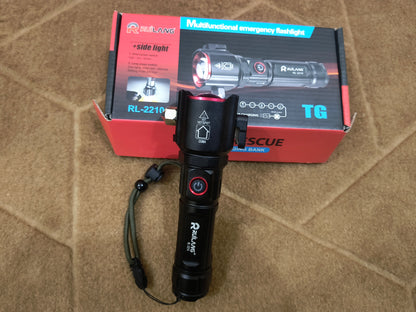 RUILANG RL-2210 Emergency Tactical Flashlight – Rechargeable LED Torch with Power Bank, Seatbelt Cutter & Glass Breaker | Long Range Zoom Light