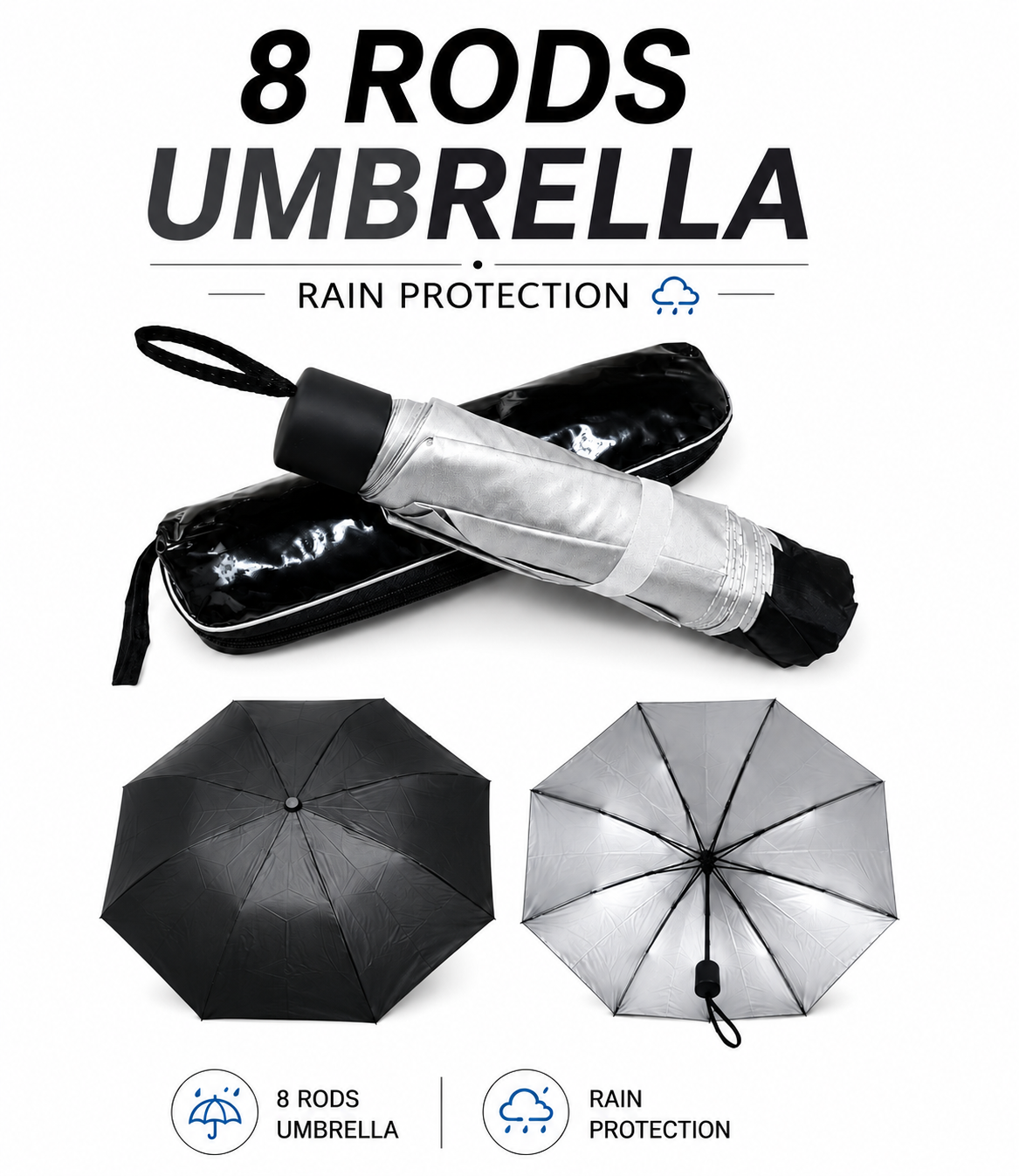 Automatic Folding Umbrella | 8 Strong Rods | Double Cloth Coated | Windproof | UV Sun Protection | Large Size