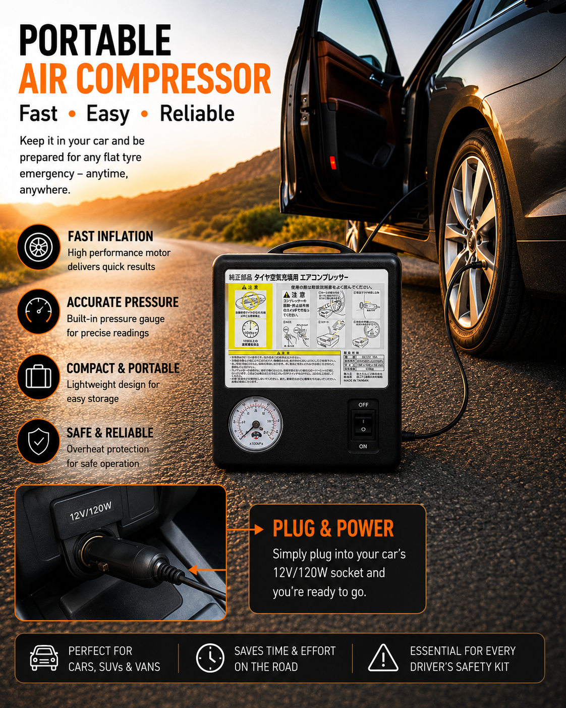 Original Japan Lot Portable Tyre Inflator – Heavy Duty Air Compressor | Fast Inflation 35-45 PSI for All Cars