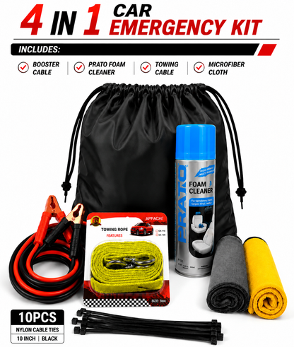 4 IN 1 CAR EMERGENCY KIT Includes: Booster Cable, Prato Foam Cleaner, Towing Cable, Zip Ties& Microfiber Cloth