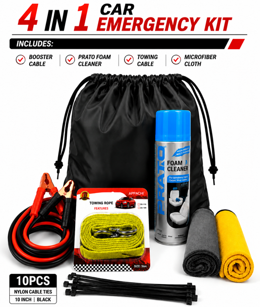 4 IN 1 CAR EMERGENCY KIT Includes: Booster Cable, Prato Foam Cleaner, Towing Cable, Zip Ties& Microfiber Cloth