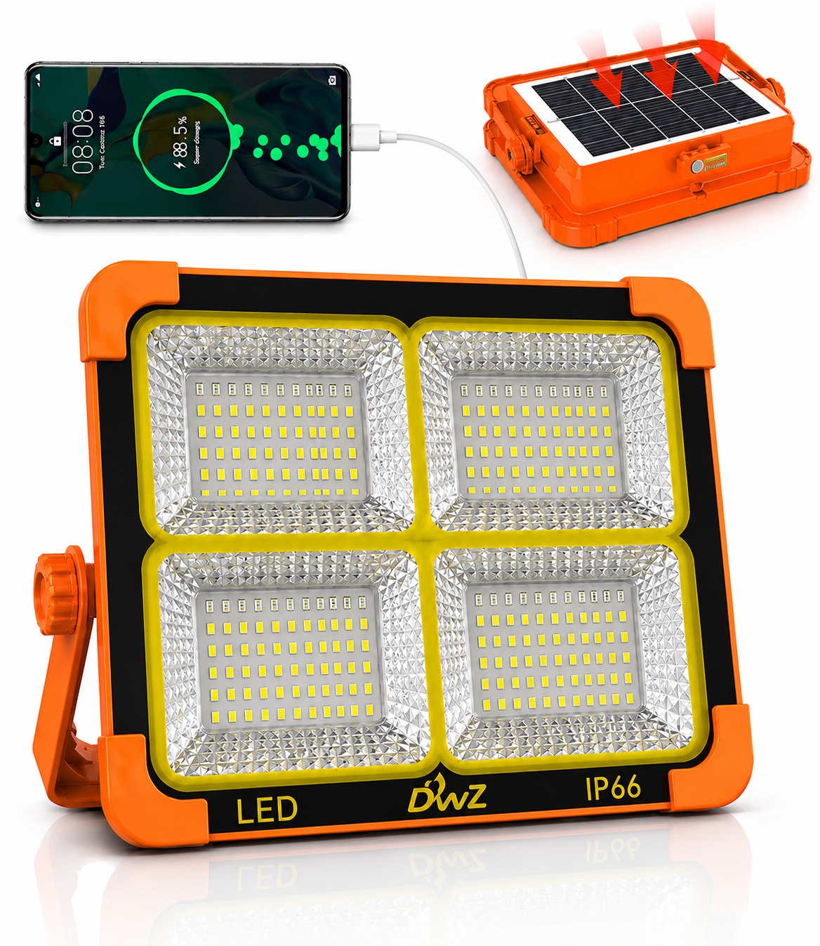 Rechargeable Work Light, 466 LED Outdoor Camping Lights 200W Portable Floodlight with Solar Panel, 5 Modes IP66 Waterproof, for Fishing, Hiking, Repairing