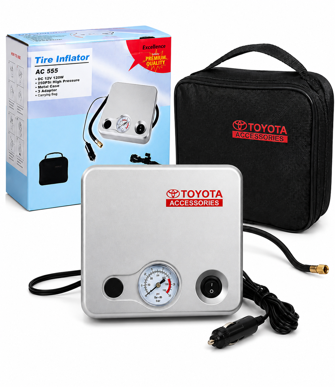 Toyota 12V Tire Inflator 80 PSI – Fast Portable Air Compressor Pump for Cars, SUVs & Emergency Roadside Use
