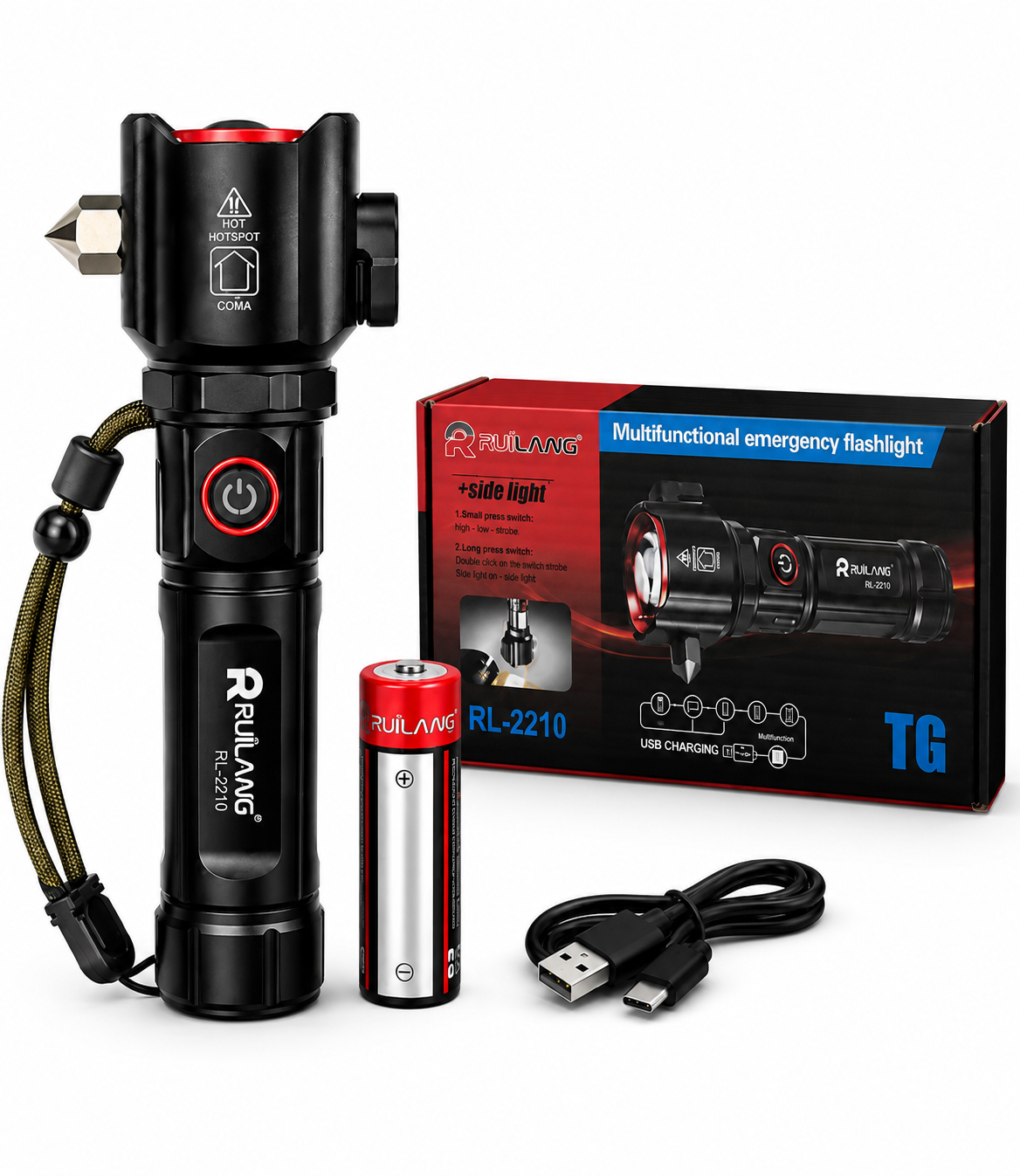 RUILANG RL-2210 Emergency Tactical Flashlight – Rechargeable LED Torch with Power Bank, Seatbelt Cutter & Glass Breaker | Long Range Zoom Light