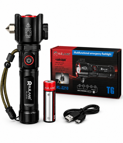 RUILANG RL-2210 Emergency Tactical Flashlight – Rechargeable LED Torch with Power Bank, Seatbelt Cutter & Glass Breaker | Long Range Zoom Light